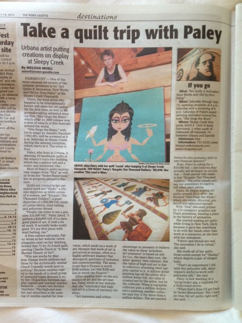 Nina Paley quilt show in CU News Gazette