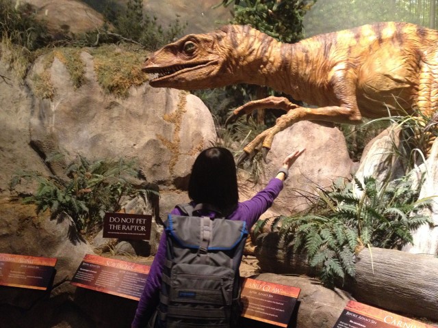 Deanna pets the raptor.