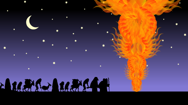 Exhausted Hebrews wander the desert, led by MOses, Aharon, and a Pillar of Fire