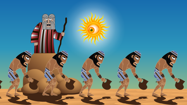 Thirsty Hebrews charged on by increasingly frustrated Moses