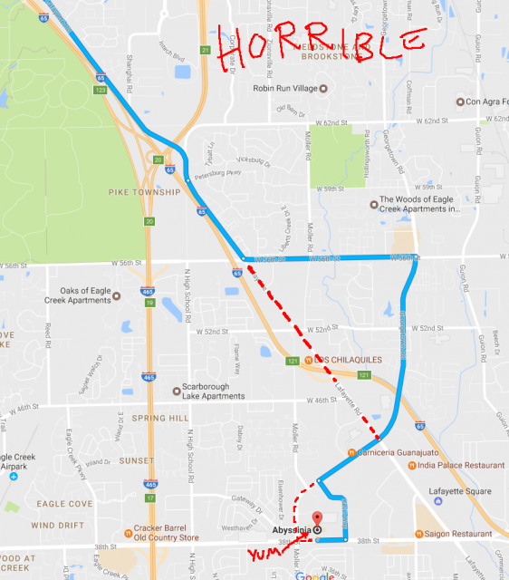 The blue route is from Google maps, which I forgot to conform here to the route I actually took (red dotted line).