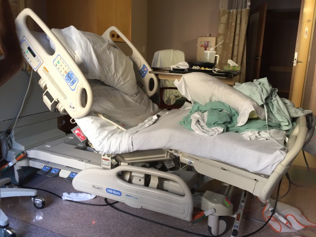 I ended up staying 2 nights at the hospital. We'd only planned for one, but I wasn't stable enough to go home the day after surgery. Here's my bed right after I was discharged Friday morning.